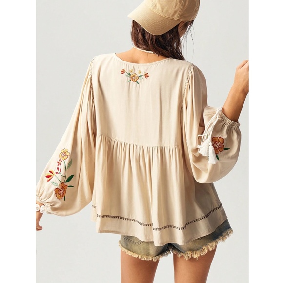 Embroidered Bohemian Shirt in Beige Detailed V-Neck, Tassel Ties on Neck, Cuffs - Picture 5 of 9